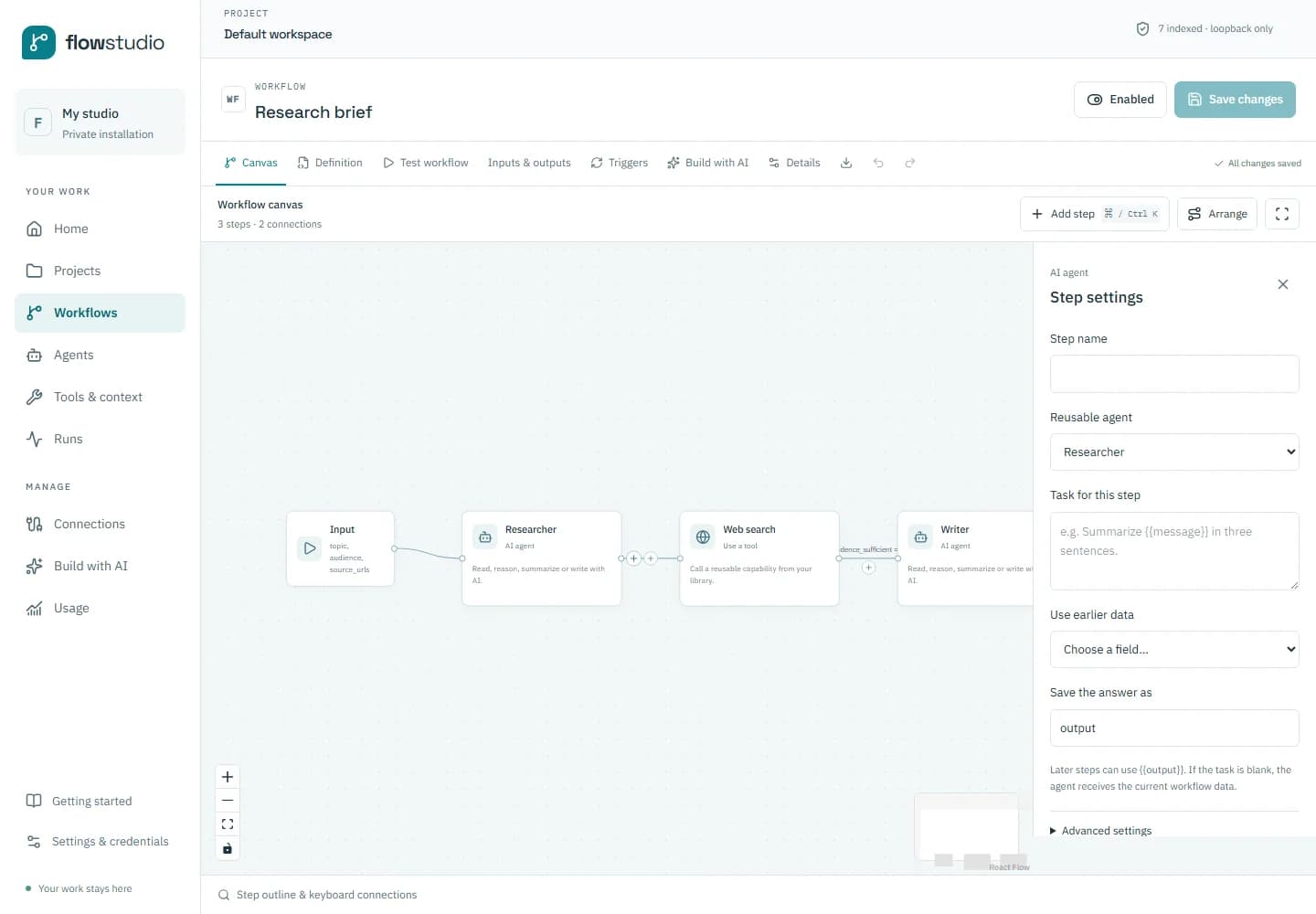 Flowstudio’s visual workflow editor showing a research workflow and step settings