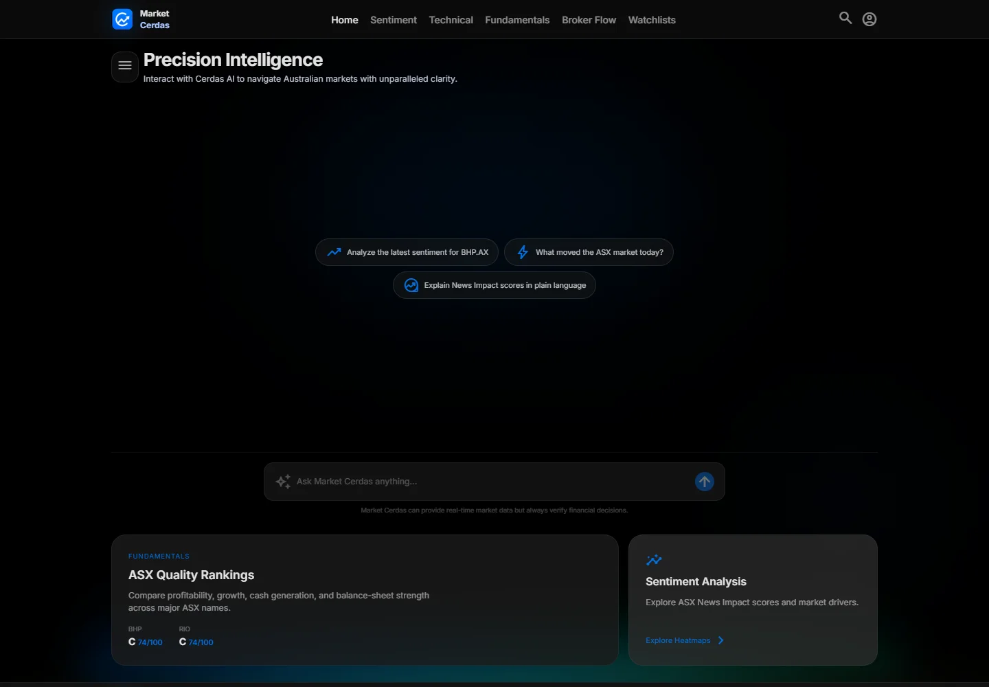 Market Cerdas public research workspace with AI chat and market research navigation
