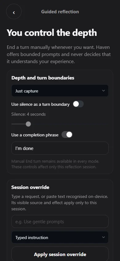Haven guided-reflection setup in a clean web preview